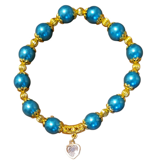 Glass Bead Bracelet- Teal w/ Gold Spacers & Heart Pendent