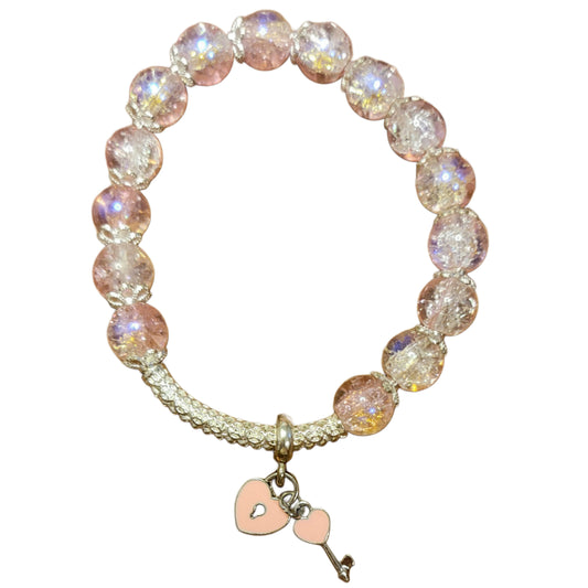 Glass Bead Bracelet- Pink w/ Silver Caps & Silver Bangle w/ Key/Lock Pendent