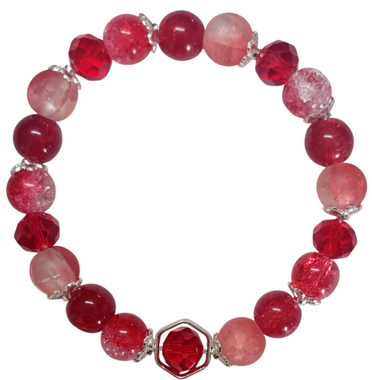 Glass Bead Bracelet- Red w/Faceted & Matte & Silver Frame