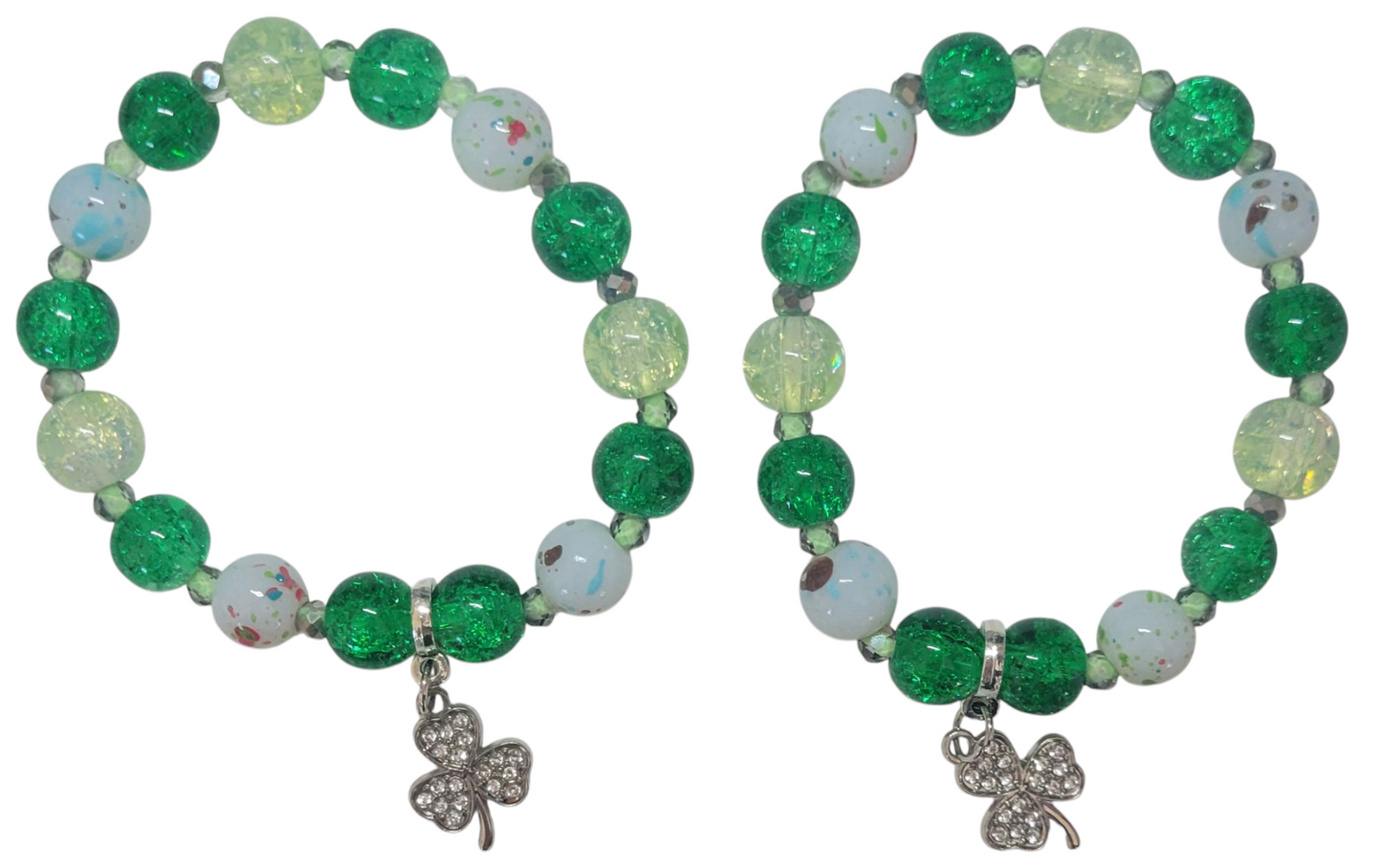 Glass Bead Bracelet- Green w/ Clover Pendent