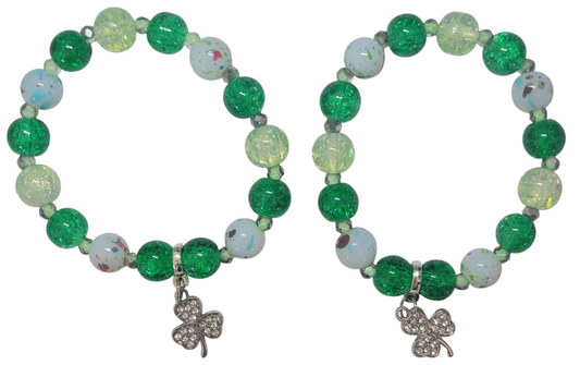 Glass Bead Bracelet- Green w/ Clover Pendent