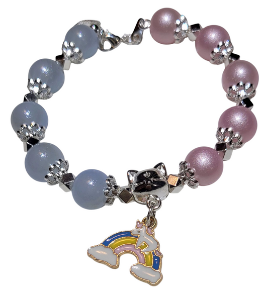 Glass Bead Bracelet- Adjustable Slide- blue and pink with rainbow charm