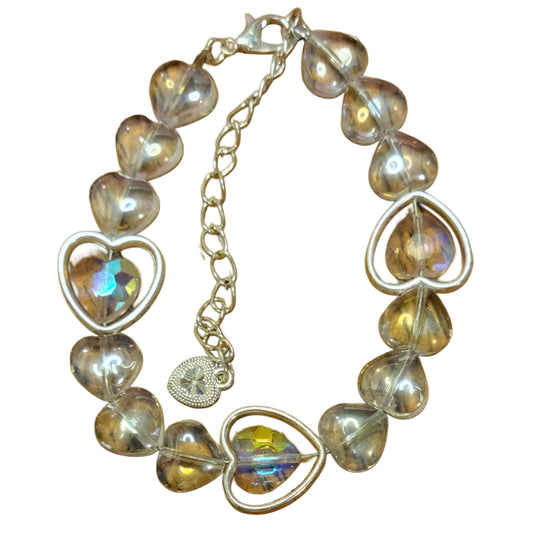 Glass Bead Bracelet- Adjustable w/ Clear Hearts & Heart Frames