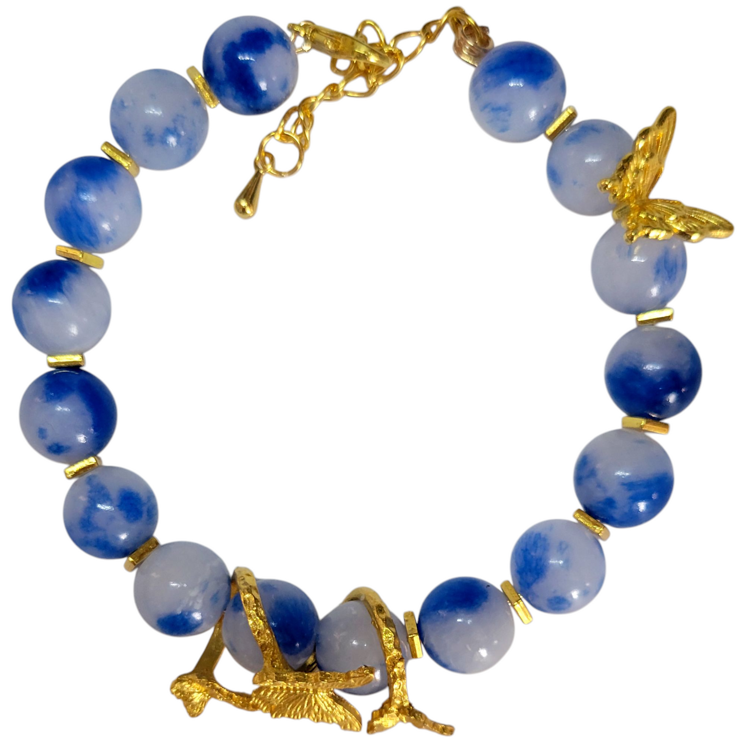 Crystal Bracelet- Adjustable- Blue/White w/Golden Butterfly Spacer