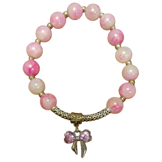 Glass Bead Bracelet- Pink w/Silver Spacers & Bangle w/ Bow Pendent