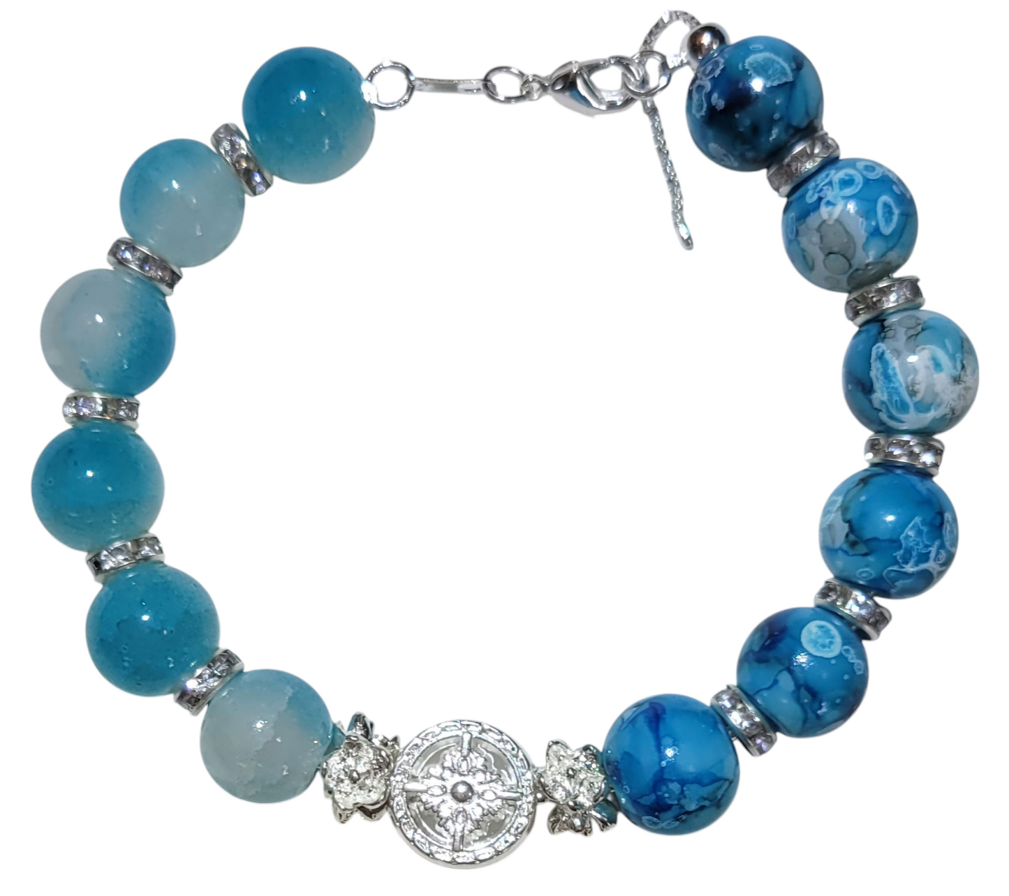 Glass Bead Bracelet- Adjustable Slide- Blue with silver spacers and round charm
