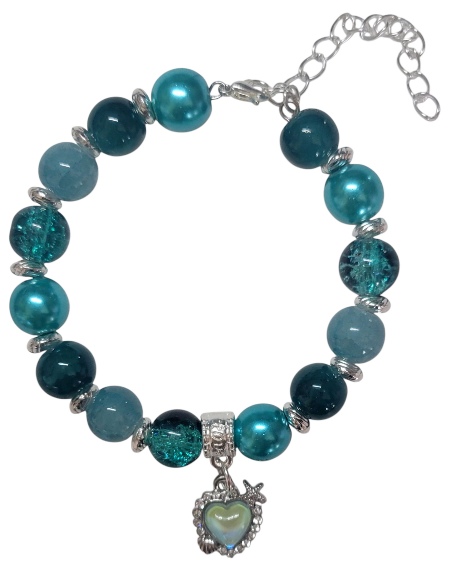 Glass Bead Bracelet- Adjustable - Teal w/ Heart Pendent