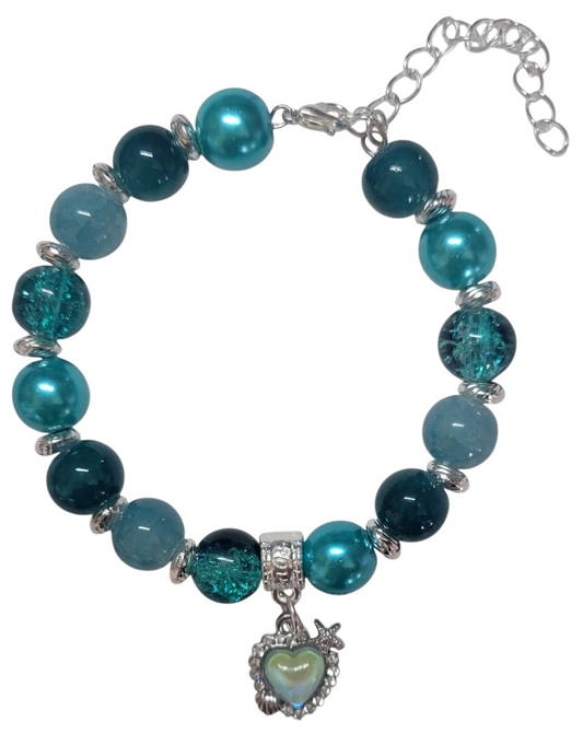 Glass Bead Bracelet- Adjustable - Teal w/ Heart Pendent