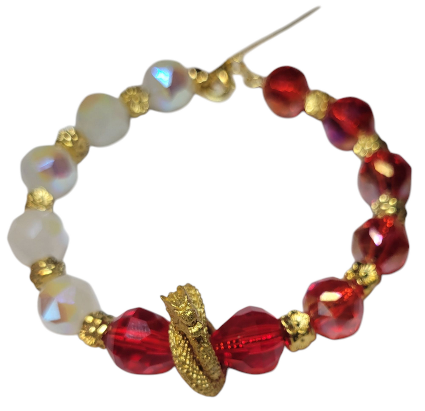 Adjustable Bracelet' Red & White Faceted wim/ Dragon