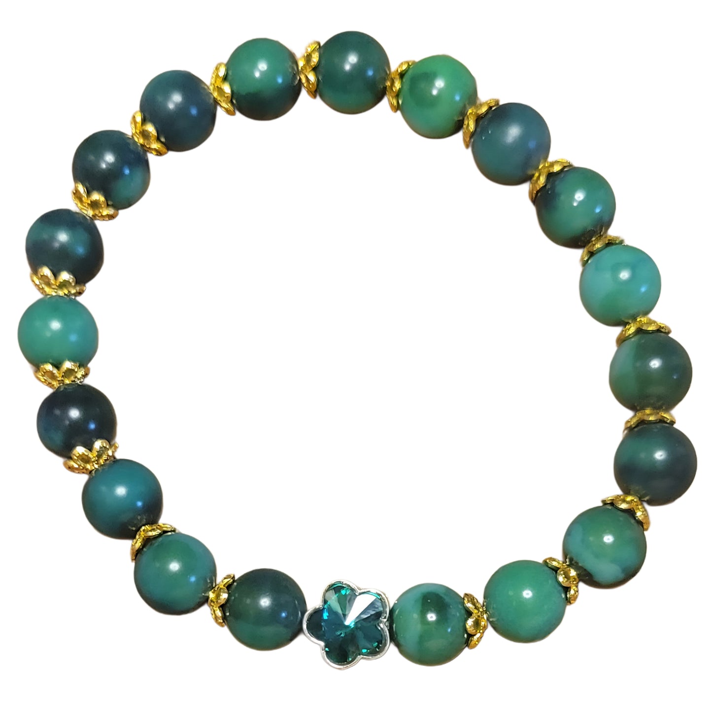 Bodhi Bead Bracelet- Green w/Gold Caps & Green Charm