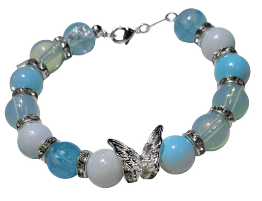 Glass Bead Bracelet- Adjustable Slide- Light blue with silver butterfly charm