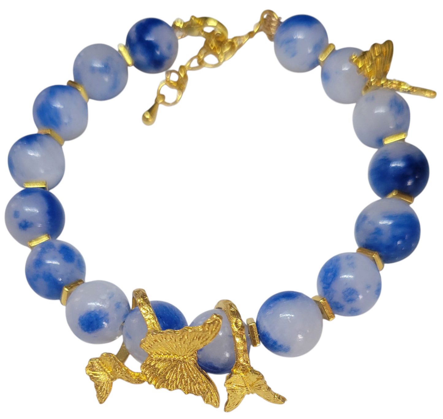 Crystal Bracelet- Adjustable- Blue/White w/Golden Butterfly Spacer