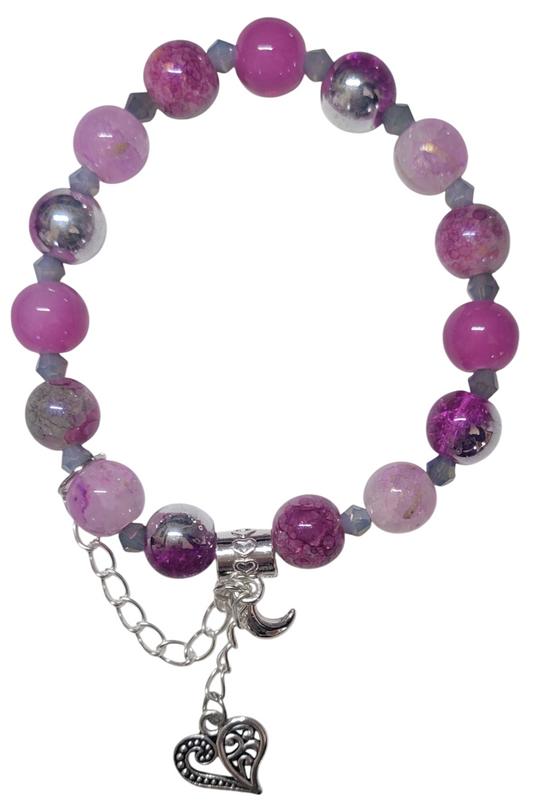 Glass Bead Bracelet- Pink w/ Silver Spacers & Heart Charm
