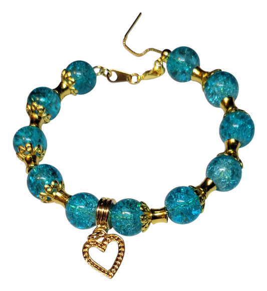 Glass Bead Bracelet- Adjustable Slide- Teal w/ Gold Spacers & Heart Pendent