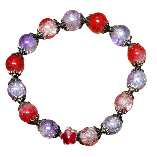 Glass Bead Bracelet- Red & Purple w/ Black Spacers & Red Flower Charm