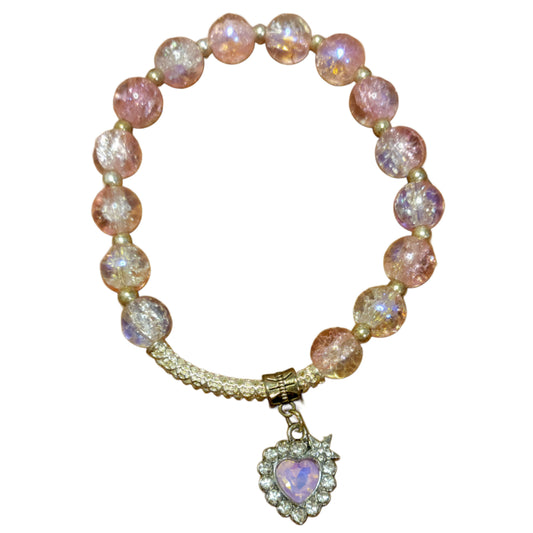 Glass Bead Bracelet- Pink w/ Silver Spacers & Bangle w/Heart Charm