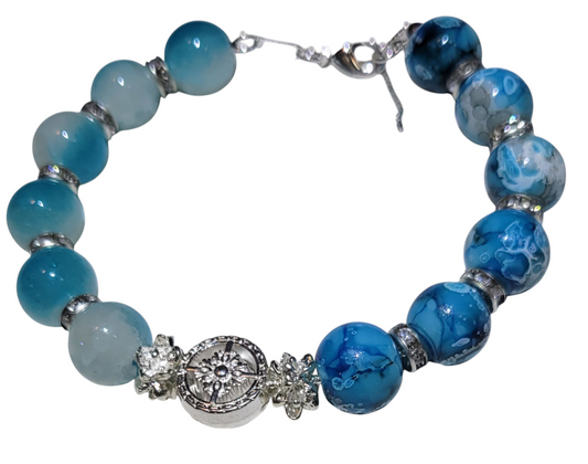 Glass Bead Bracelet- Adjustable Slide- Blue with silver spacers and round charm
