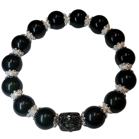 Bodhi Bracelet- dark green silver caps and black rectangular charm