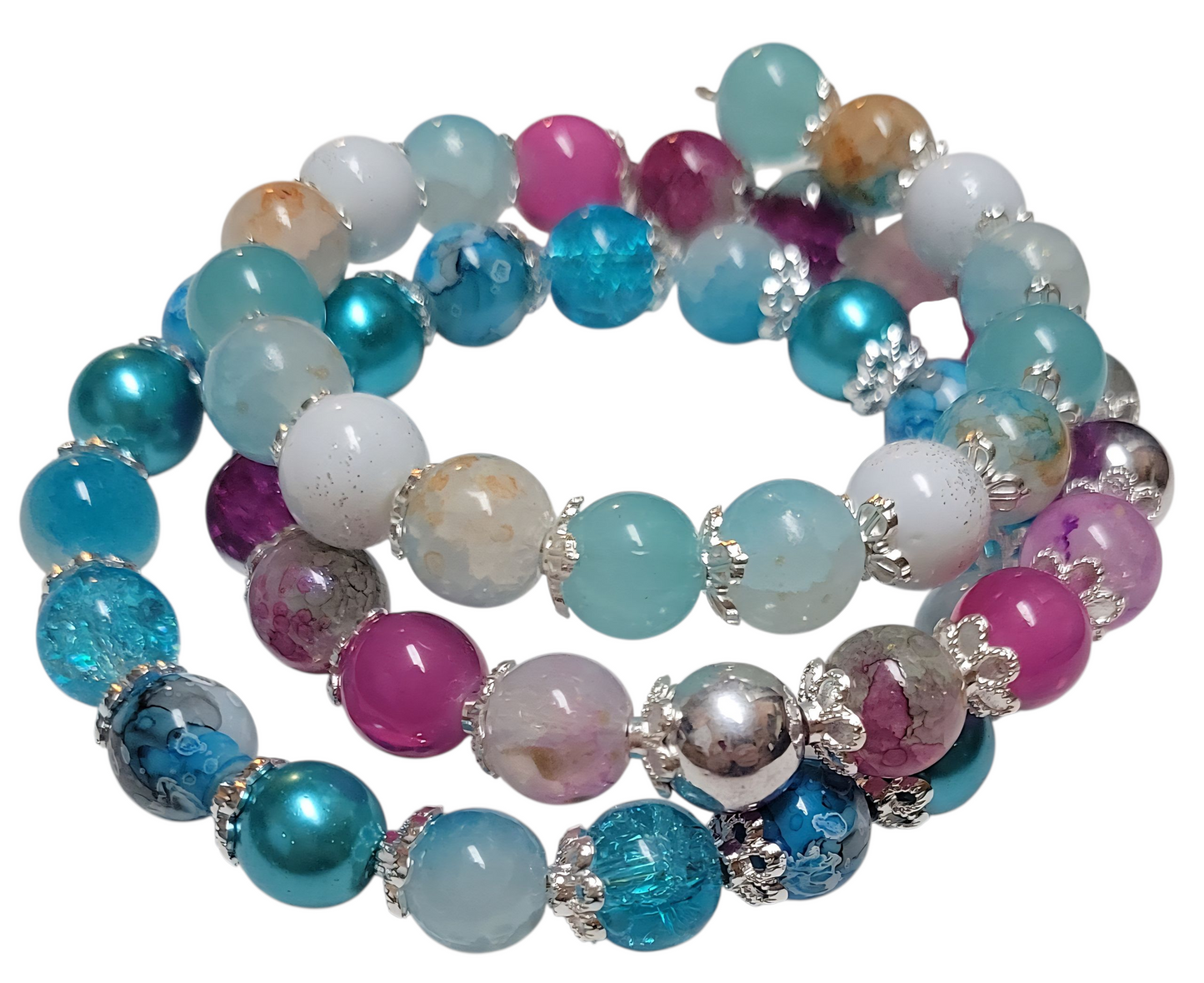 Glass Bead Bracelet  Wrap-Around- blue and pink