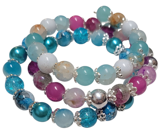 Glass Bead Bracelet  Wrap-Around- blue and pink