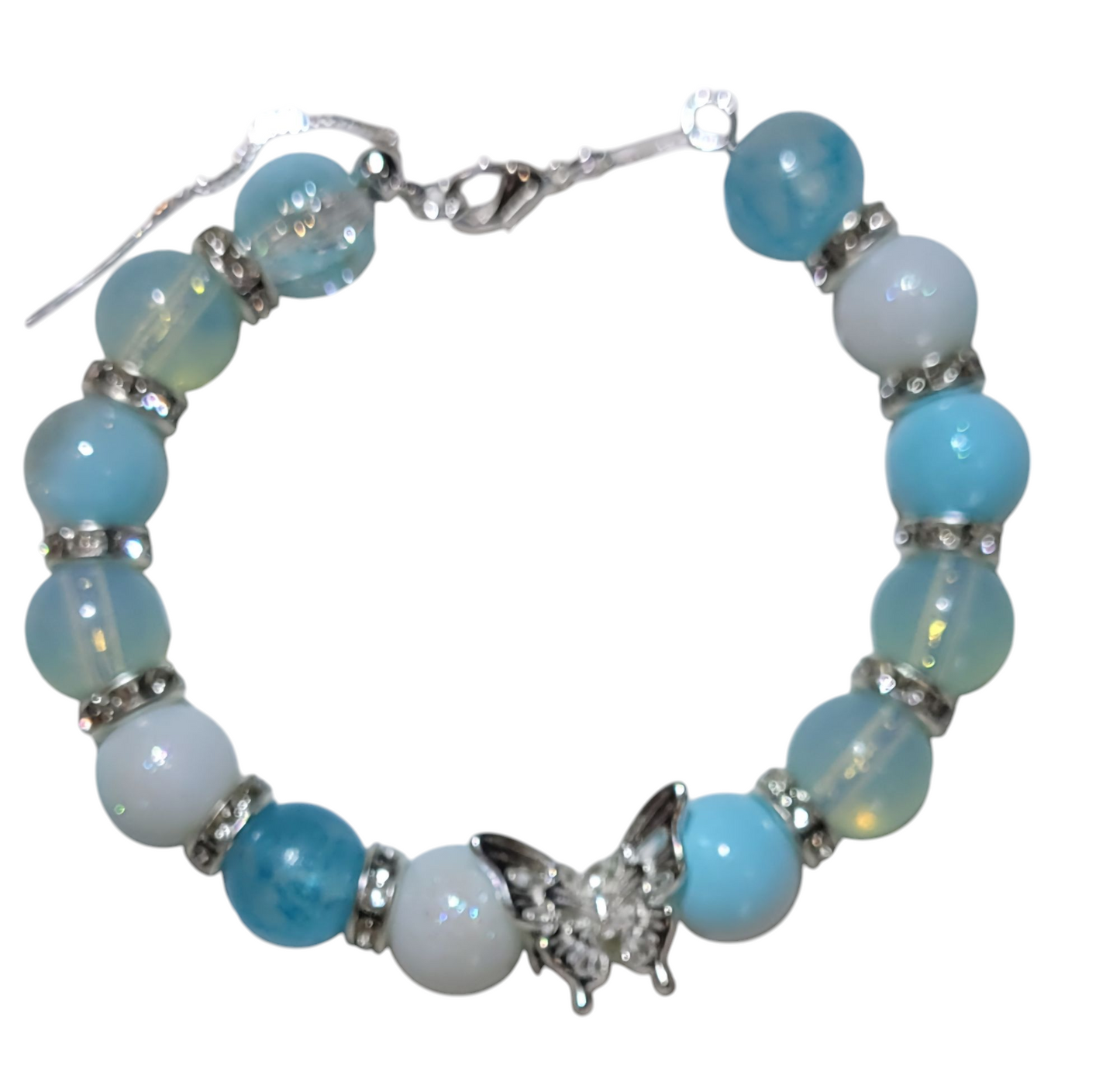 Glass Bead Bracelet- Adjustable Slide- Light blue with silver butterfly charm